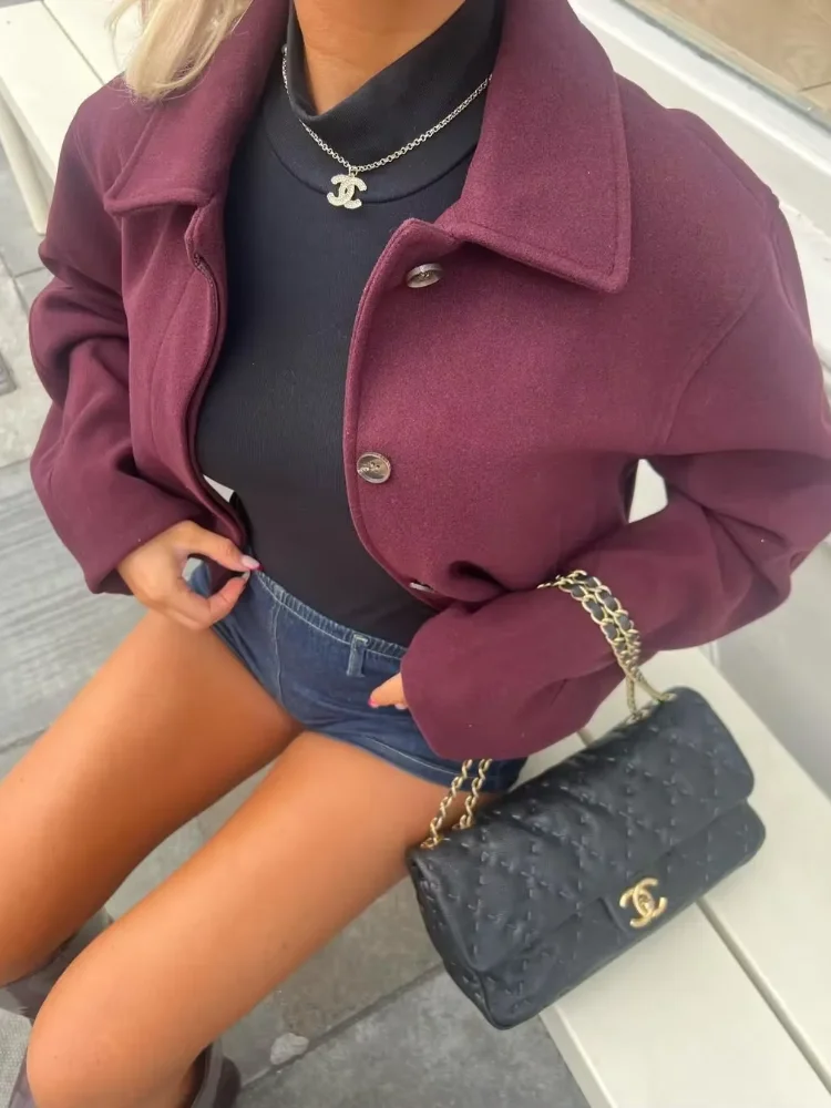 2024 Fashion Burgundy Lapel Pocket Short Jackets Woman Long Sleeve Single-breasted Coats Female Casual Commute Street Outwears