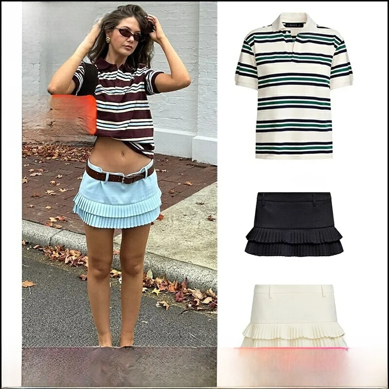 

Loose Striped Neck T-Shirt Top Half Skirt New Arrival Handpicked Store Casual Low Waist Pleated Skirt for Women