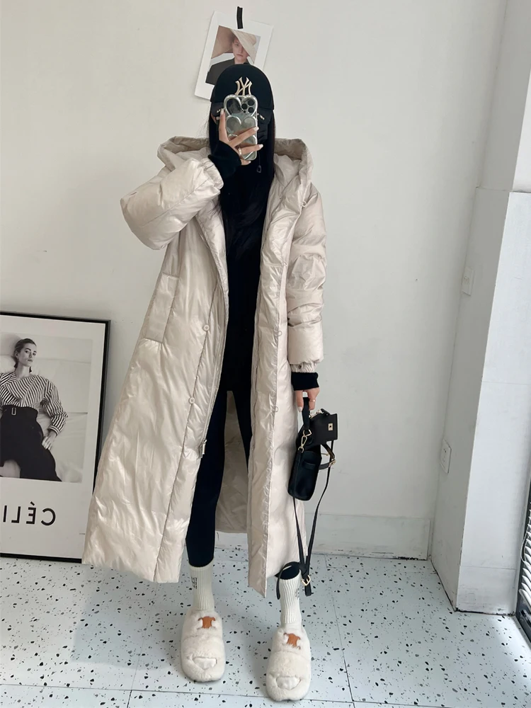 Luxury Women Long puffer jacket with belt Brown 2023 Winter Loose Warm Long sleeve 90% white duck down coat Clothing INKEO 3O084