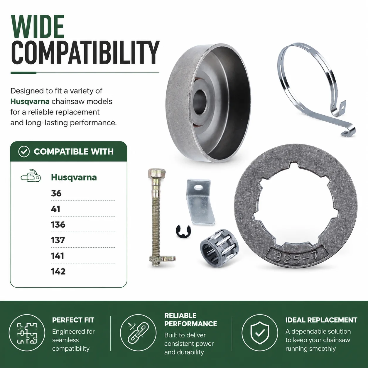 For Husqvarna 36 41 Chainsaw Clutch Kit w Sprocket Rim Chain Adjuster Catcher Brake Band Needle Bearing 530052232 530016110