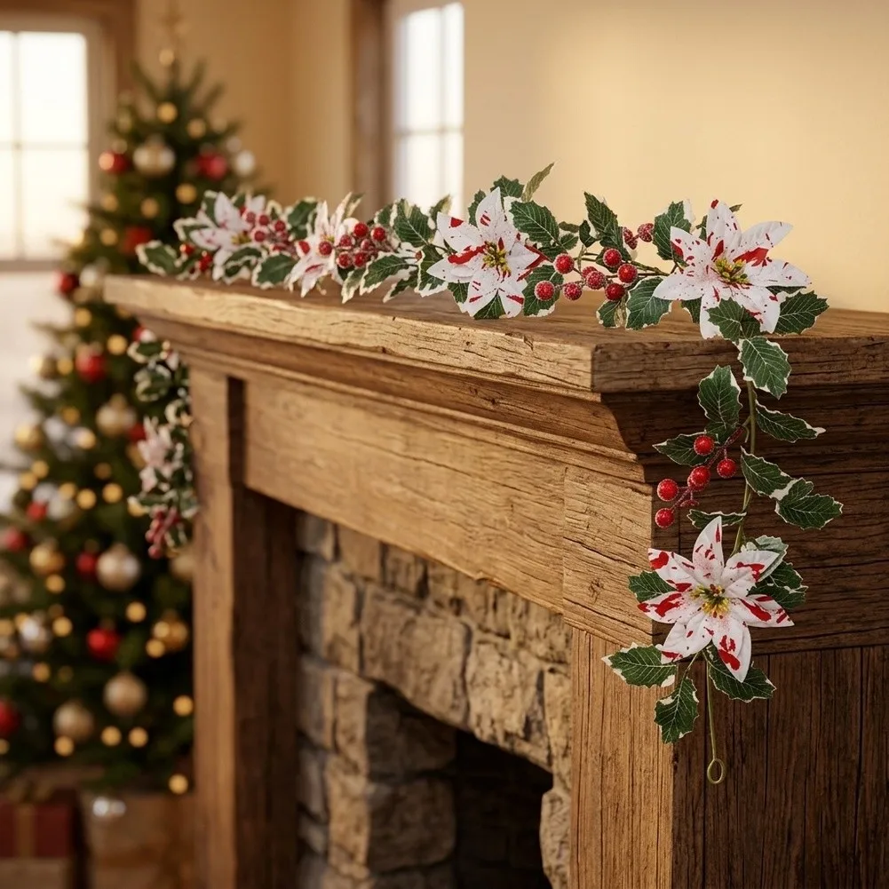 175cm Christmas Poinsettia Garland with Lifelike Red and White Berries for Indoor Holiday Decor Mantel Staircase and Table