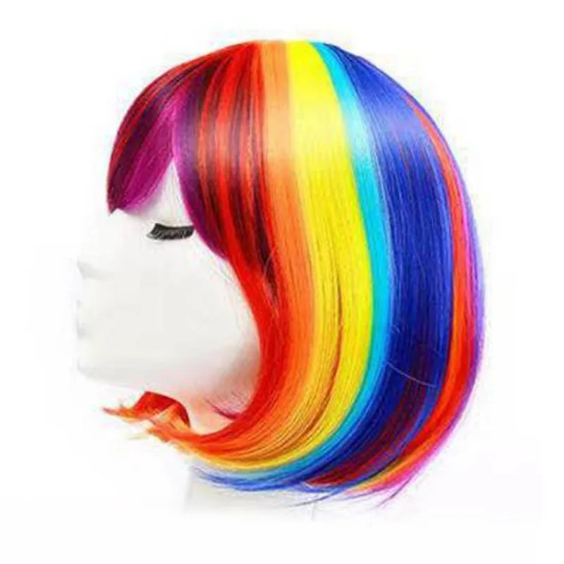 Wearing wigs for Halloween, women's summer rainbow colored short straight hair, synthetic material