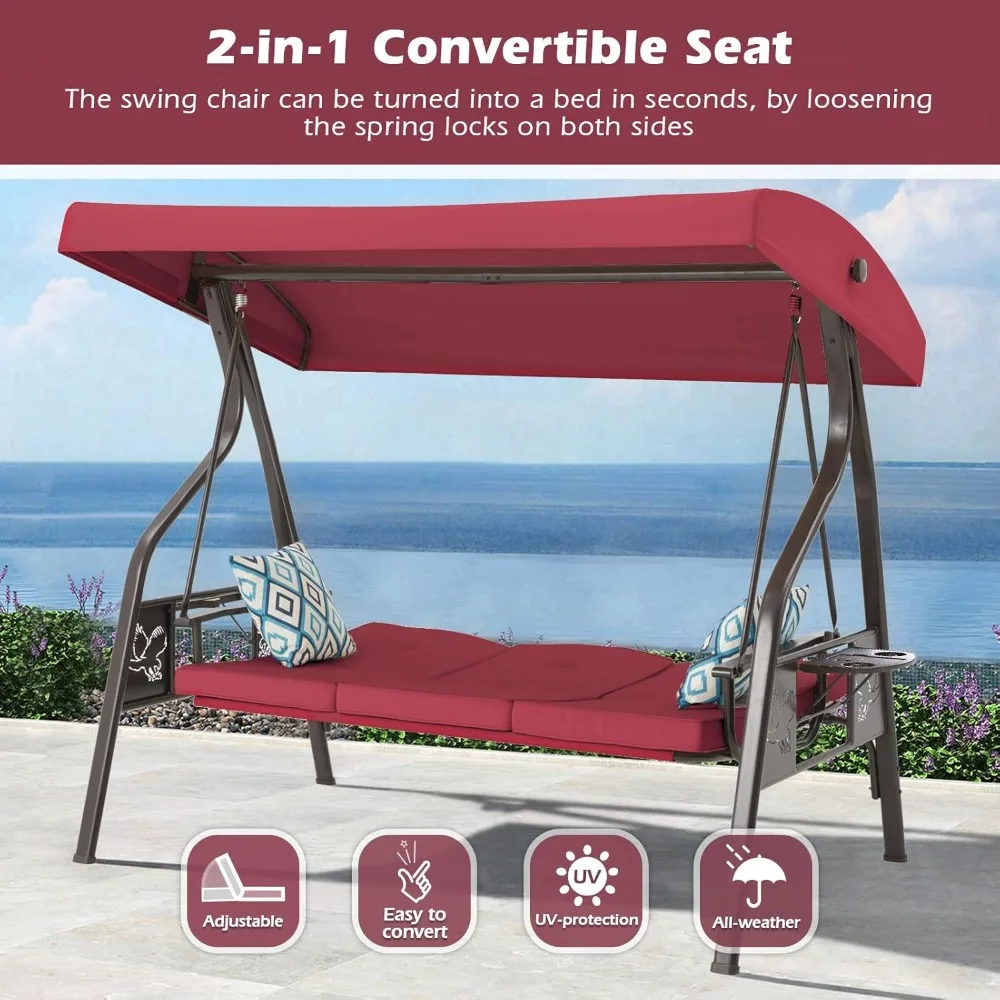 3-Seat Outdoor Porch Swing with Stand, Patio Swing with Canopy, 2 in 1 Porch Bed & Patio Swing Chair for Adult, Yard