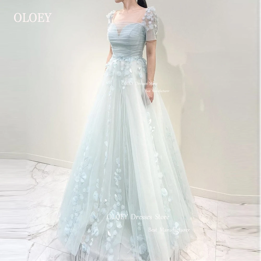 OLOEY Fairy Light Blue Tulle Prom Dresses Korea Lady Short Sleeves 3D Flowers Wedding Photoshoot Evening Gowns Garden Party