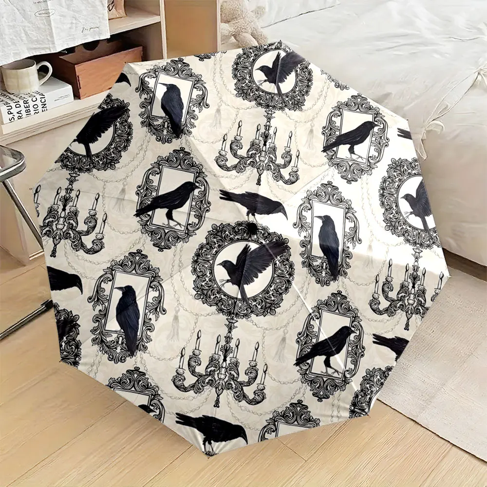 1PC Raven Pattern Umbrella with Elegant Frame and Chandelier Art Print 8 Iron Ribs Folding Umbrella Auto-Open Fashion Sunshade