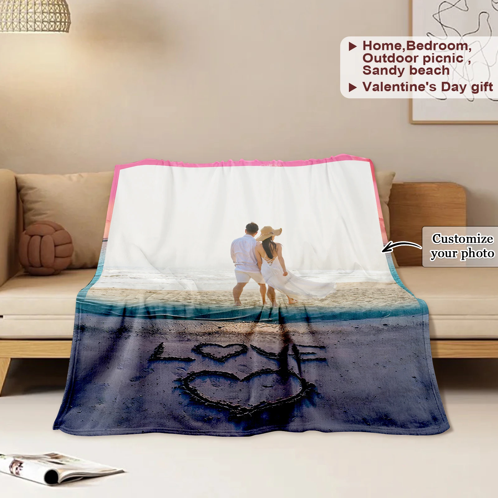 

Customized Romantic Beach Couple Blanket Beach Walk Back Photo Valentine's Day Gift for Boyfriend Boyfriend Husband Wife