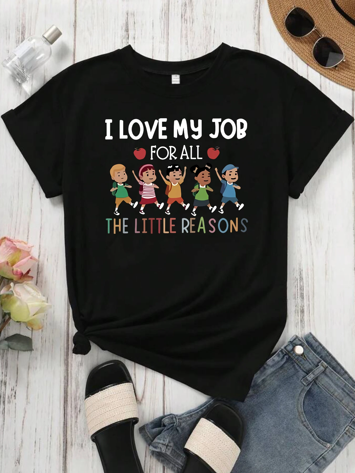 

Alphabet and cartoon Plus size women's round neck short sleeve T-shirt with elastic half sleeves and trendy prints