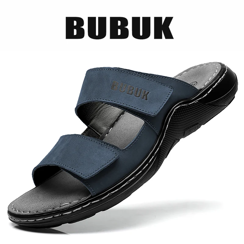 Bubuk Men's First-Layer Cowhide Sports Slippers, Stylish Slip-On Outdoor Beach Sandals, Breathable Summer Shoes for Men, with Arch Support, Suitable for Travel and Hiking