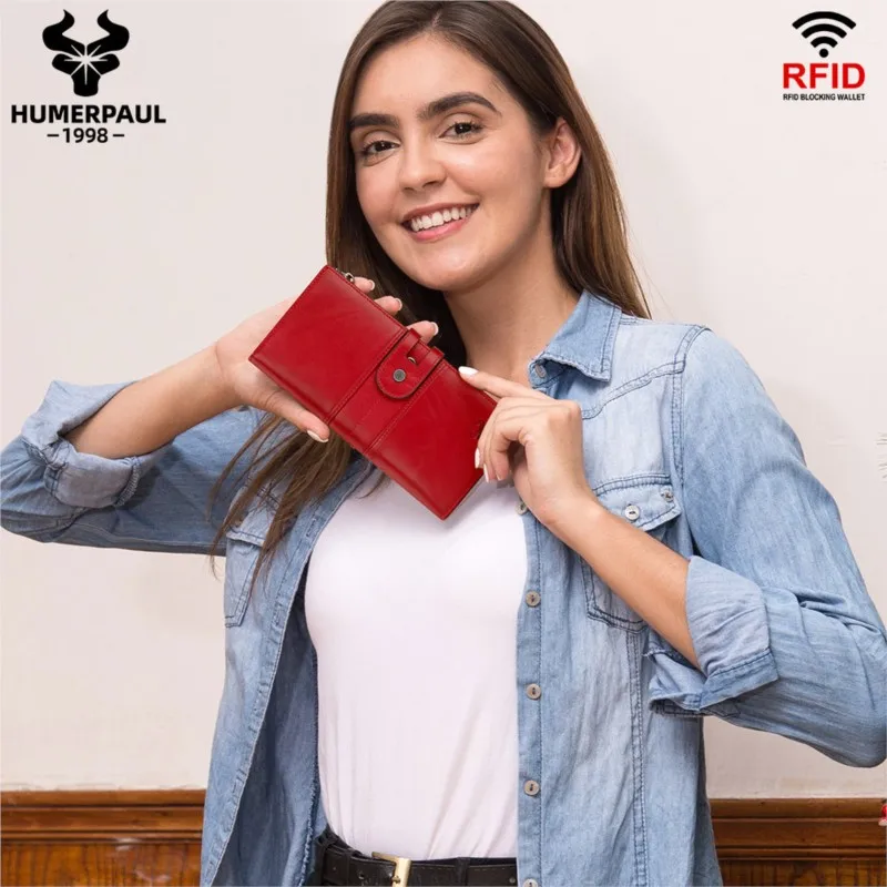 Luxury Genuine Leather Wallet for Women RFID Blocking Multi-Slot Card Holder Portable Phone Coin Purse Female Carteras De Mujer