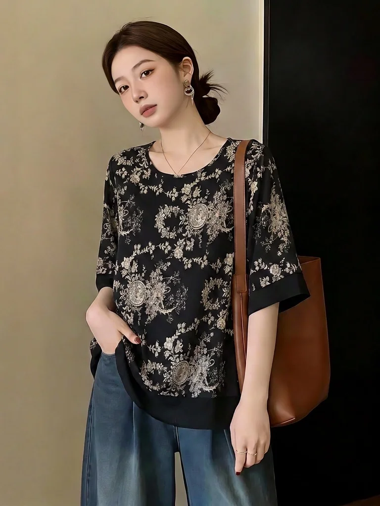 New Chinese Style Loose Short Sleeve T-Shirt Women's Summer plus Size Belly Cover Fashionable Top round Neck Regular Fit