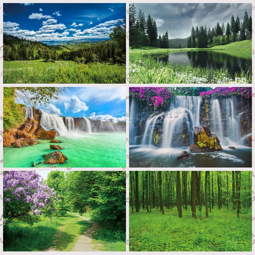 

MOON.QG Natural Spring Waterfall Forest Tree Backgrounds Green Grass Park Garden Backdrops Photography Studio Home Decorations