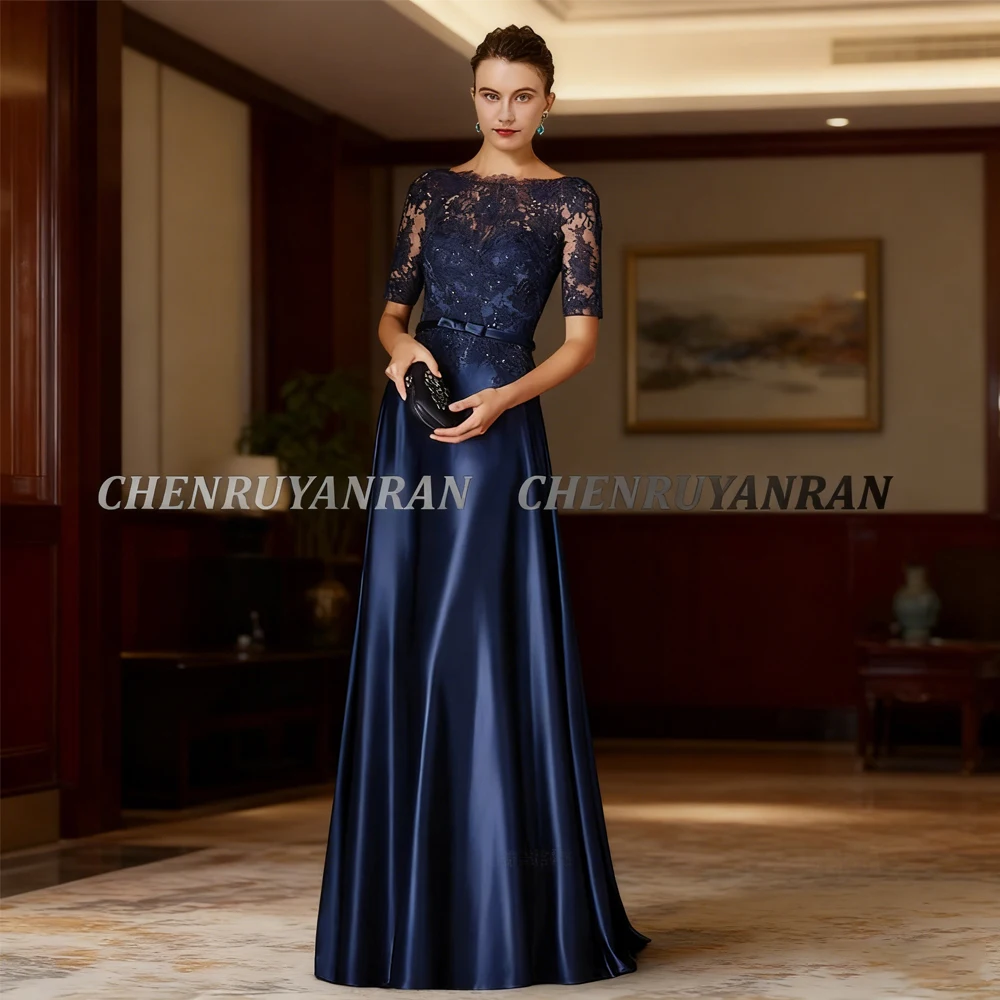 

Blue Mother of the Bride Dresses 2025 Lace Beads Satin Wedding Guest Gown A-Line Luxury Elegant Dress Women For Wedding Party
