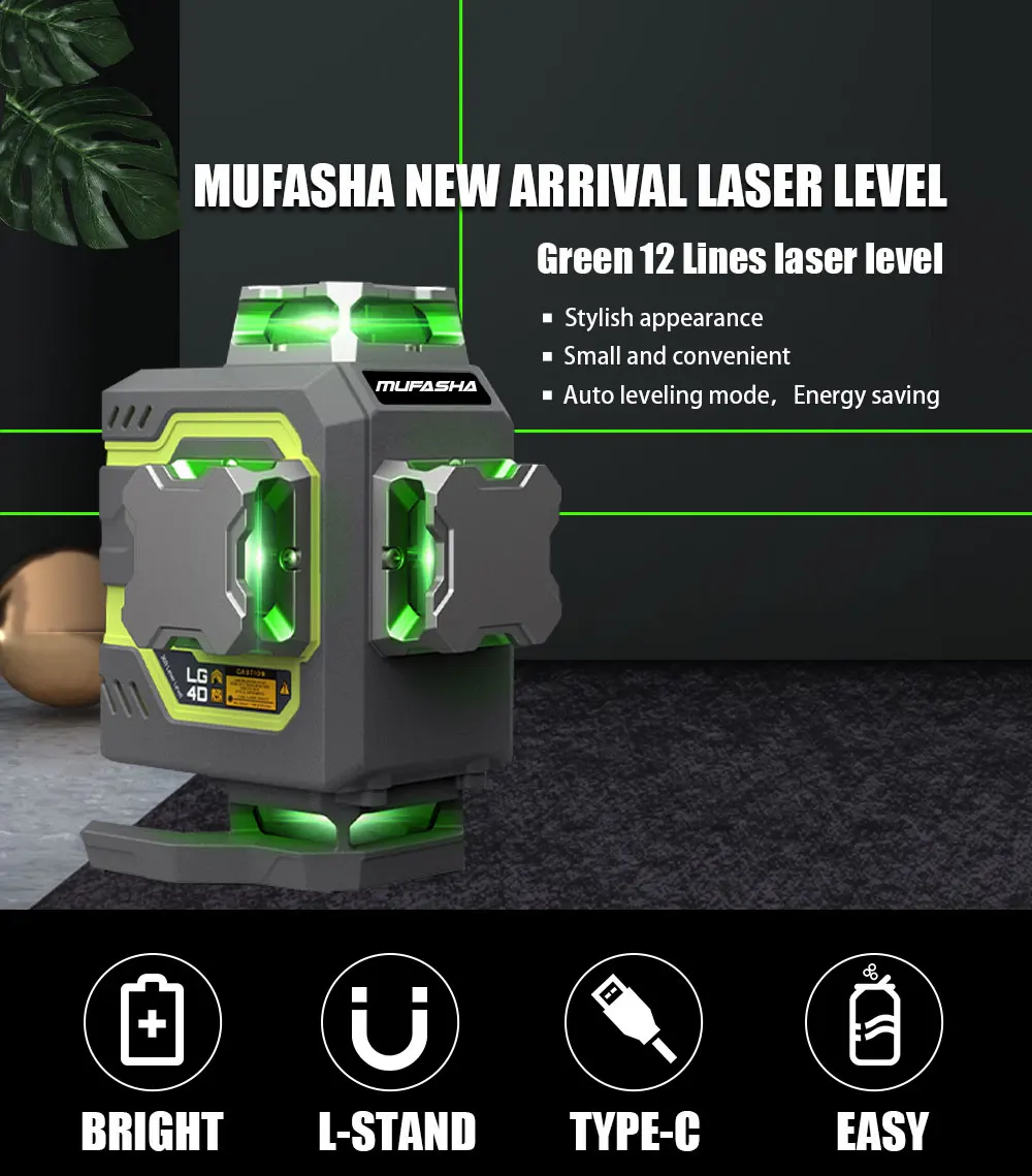 16 Line Laser Level 360 Self Leveling  4x360°Professional 4D Green Beam Rechargeable Laser Level for Tiling Floor Construction
