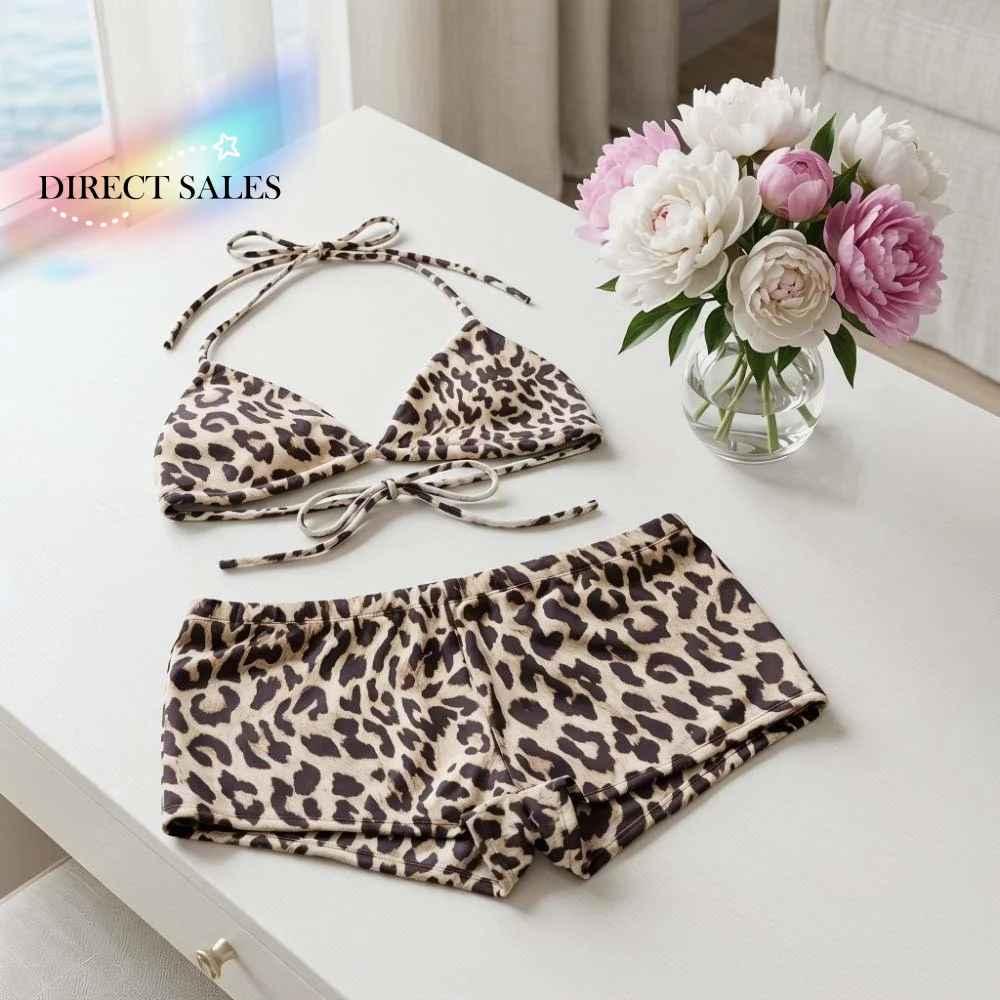 

Hanging Neck Bikini Short Sleeve Leopard Swimsuit Hollow Out Leopard Print Crochet Knit Bathing Suit Pullover Beachwear