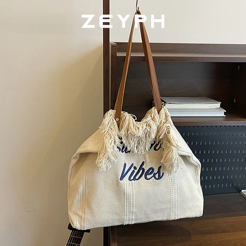 zeyph-シンプルなフリンジエッジデザインフレッシュアイランドスタイルレディースビーチバッグ大容量ショルダーバッグ