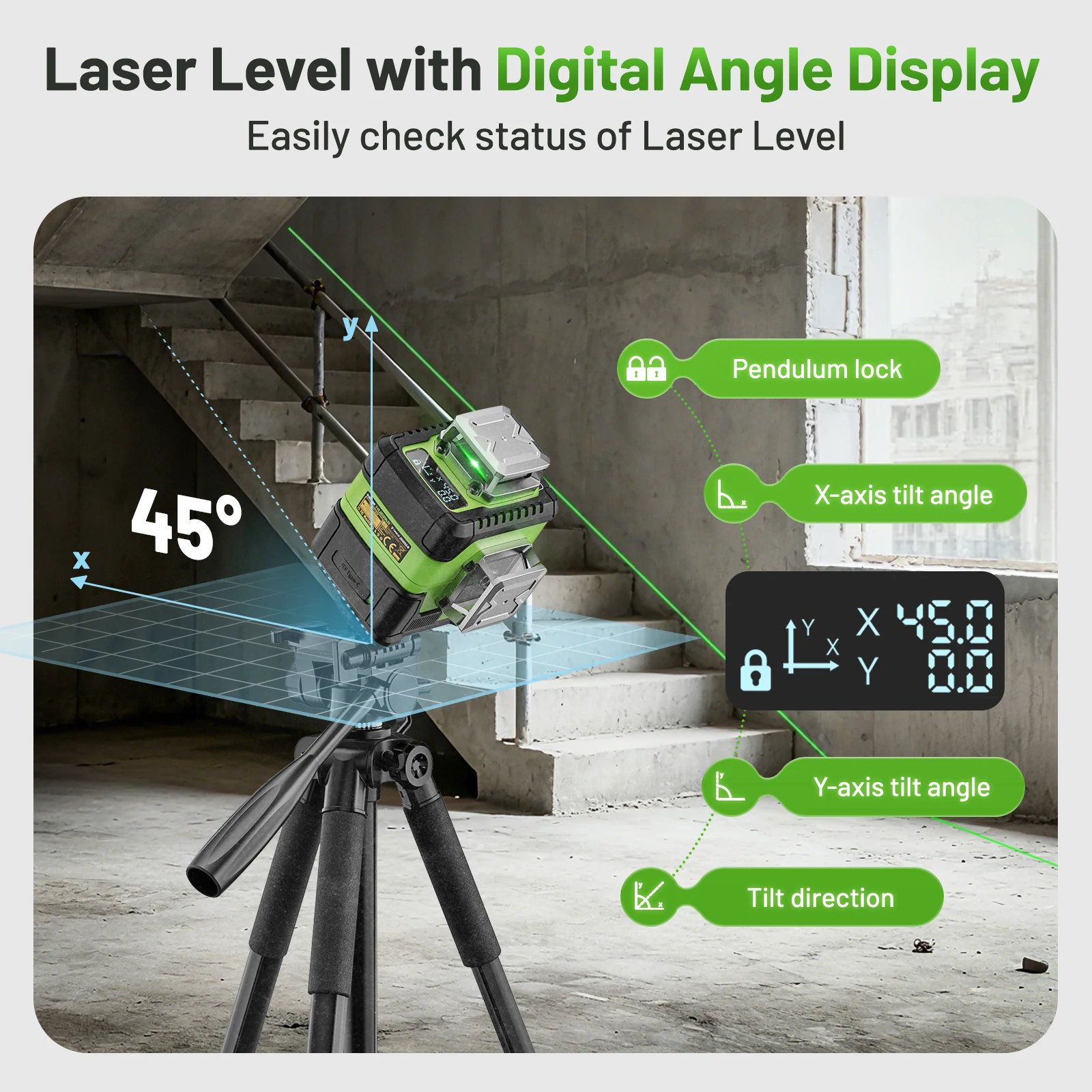 Huepar Y04CG 4D Cross Line Laser Level Self-leveling Green Laser Tools With Digital Angle Display & Li-ion Battery & Hard Case