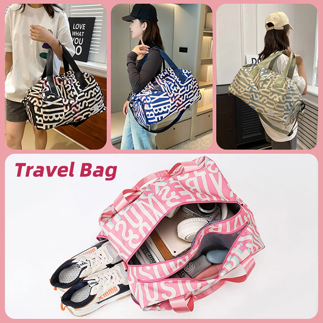 Weekender Letter Pink Gym Overnight Travel Custom Logo Sport Waterproof Sac Duffel Dry Wet Tote Bag Shoe Compartment Women