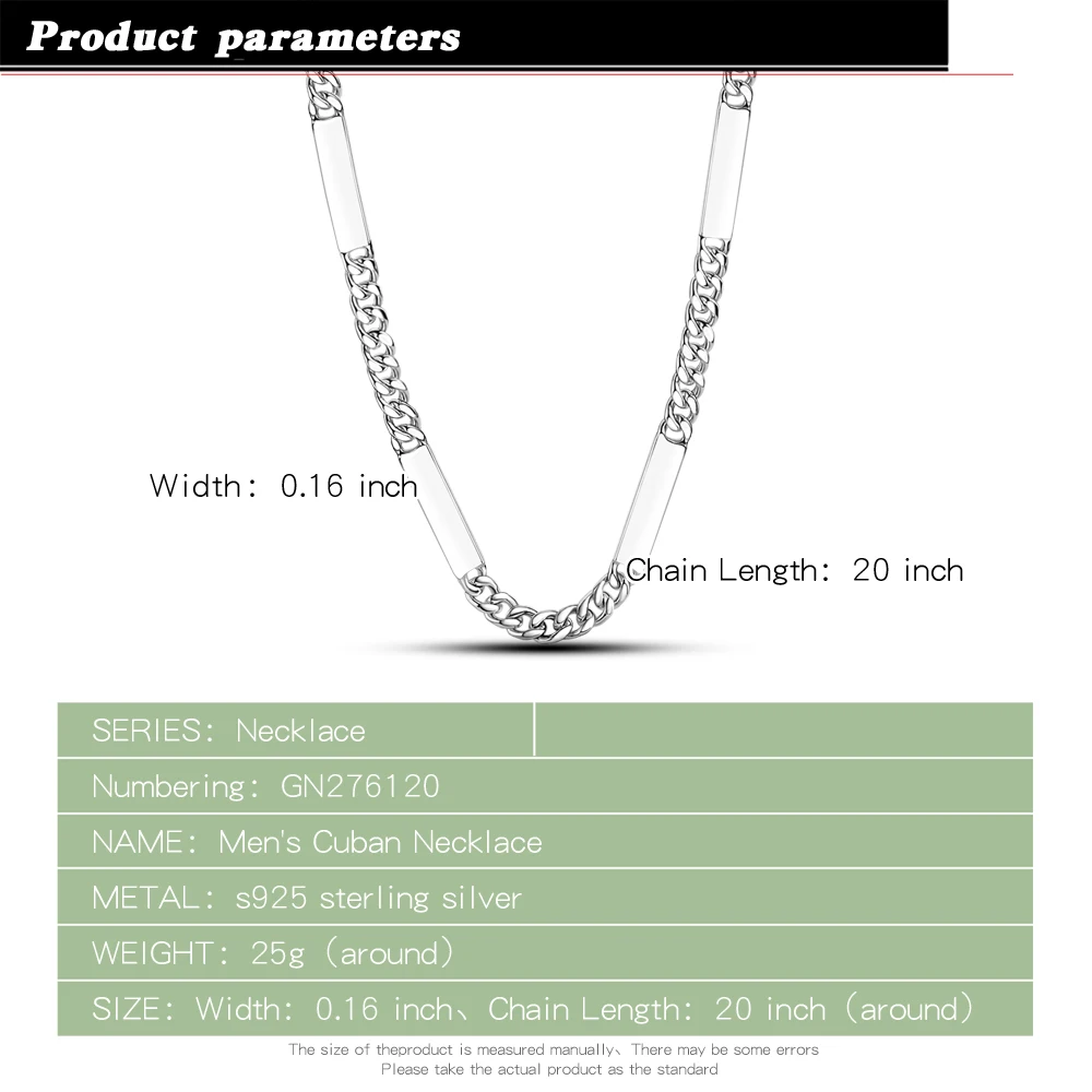 925 Sterling Silver Chain Necklace for Men Women Long Chain Choker Collar Neck Lace Pendant Silver Card Cuban Link Chain Choker