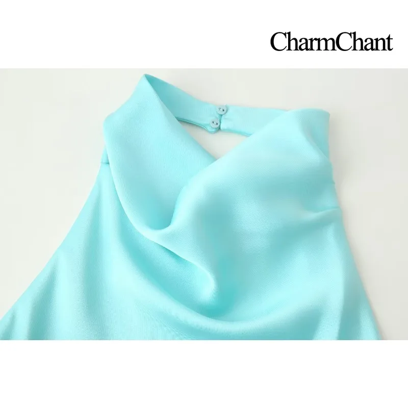 CHARMCHANT Women's Satin Halter Backless Wide Leg Jumpsuit Asymmetrical Sleeveless Long Pants Romper Elegant Outfit Summer 2026 view 3