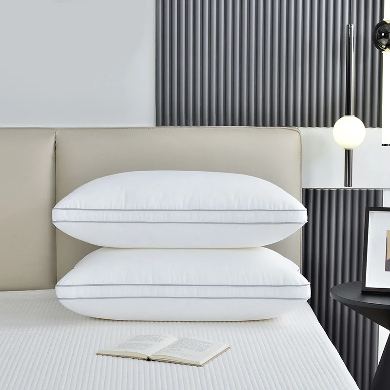 Hotel-Style Fiber Pillow Inserts - Ultra-Soft Neck-Support, White Embossed Cases & Gray Piping, For Hotels/Dorms/Home