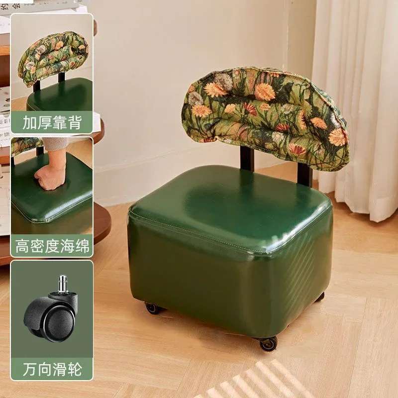 Haushaltshocker mit Universalrollen, drehbarer Rückenlehnenhocker, Wohnzimmer-Rollhocker, niedriger Hocker, Massivholz-Schuhwechselhocker