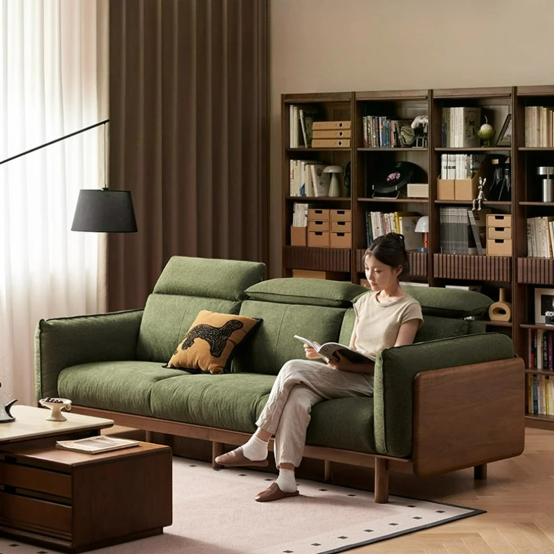 

Wooden sofa living room retro style black walnut removable cloth sofa straight row sofa