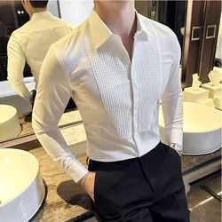 Groom Wedding Party Dress Shirt Men's Fashion Pleated Design Slim Fit Shirt Men Formal Long Sleeved Social Business Tailcoat