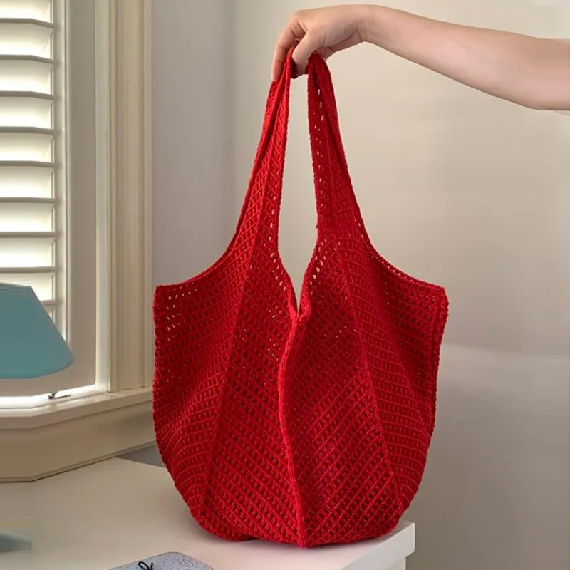

Solid color large capacity summer seaside vacation beach bag, portable folding shoulder bag, knitted woven tote bag