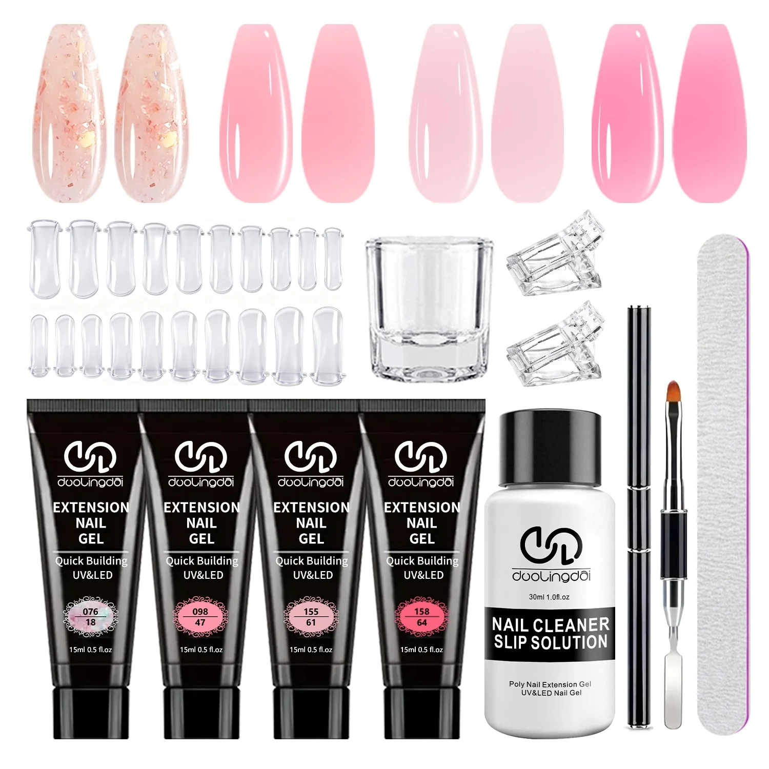 Duolingdai Poly Gel Nail Kit Starter 4 Colors Natural Clear Poly Nail Gel Quick Dry Nourish Nails 28 Days Durable DIY Salon Home