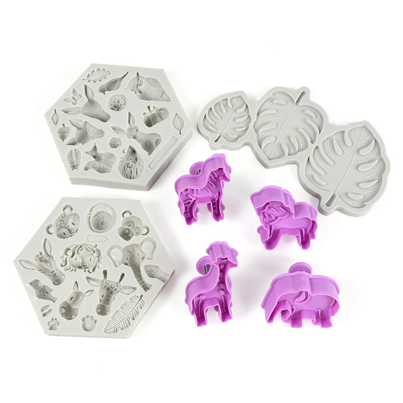 Forest Lion Animal Cookie Mold Turtle Leaves Fondant Biscuit Stamp Mould For Kids Jungle Birthday Hawaii Party Baking Cake Decor