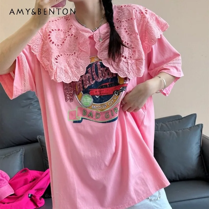 

Summer Heavy Industry Lace Doll Collar T-Shirt Pullover Lady Sweet Versatile Loose Oversize Medium And Long Half Sleeved Tshirts