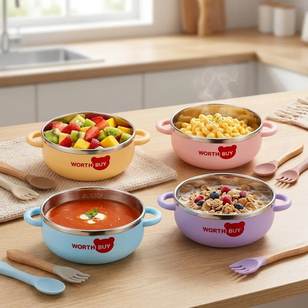 Cartoon Kids 304 Stainless Steel Bowls Double Handle Drop-Resistant Anti-Scald Fruit Salad Rice Bowls For Food Tableware