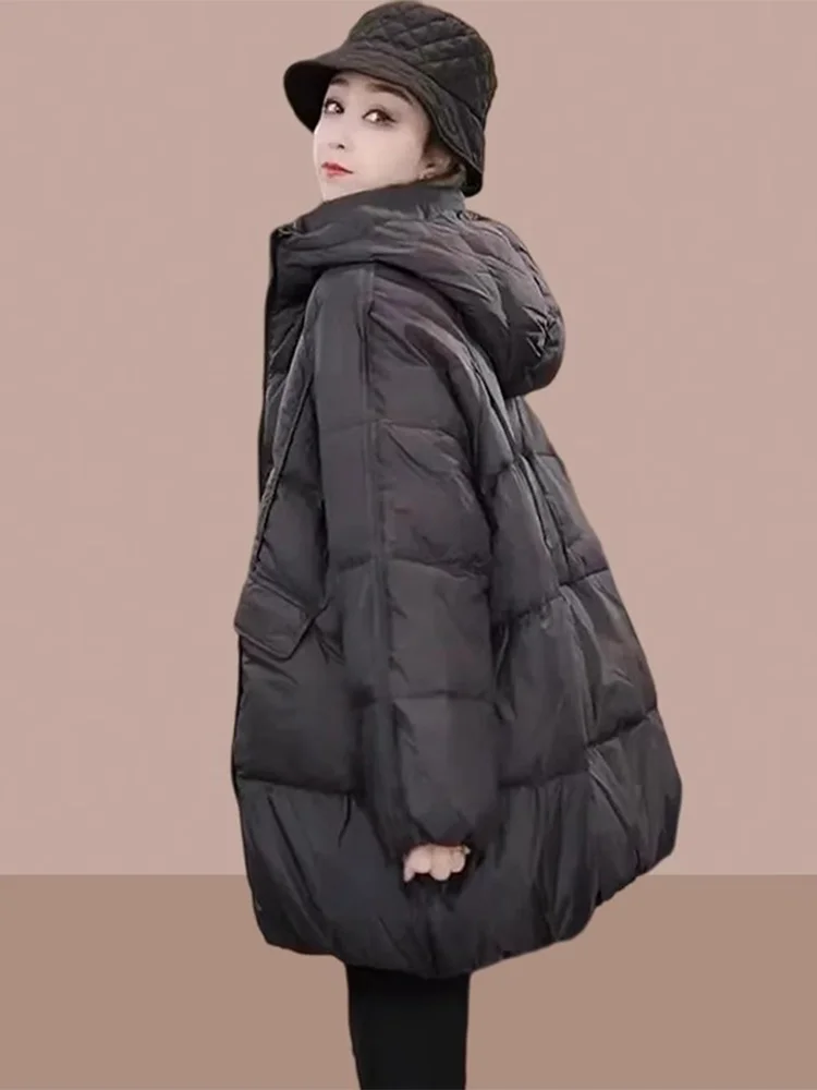

Winter Thiened Loose Women's down Cotton Jaet Bla Bread Sle Coat Casual Faion Anti-Aging Hooded Zipper Closure