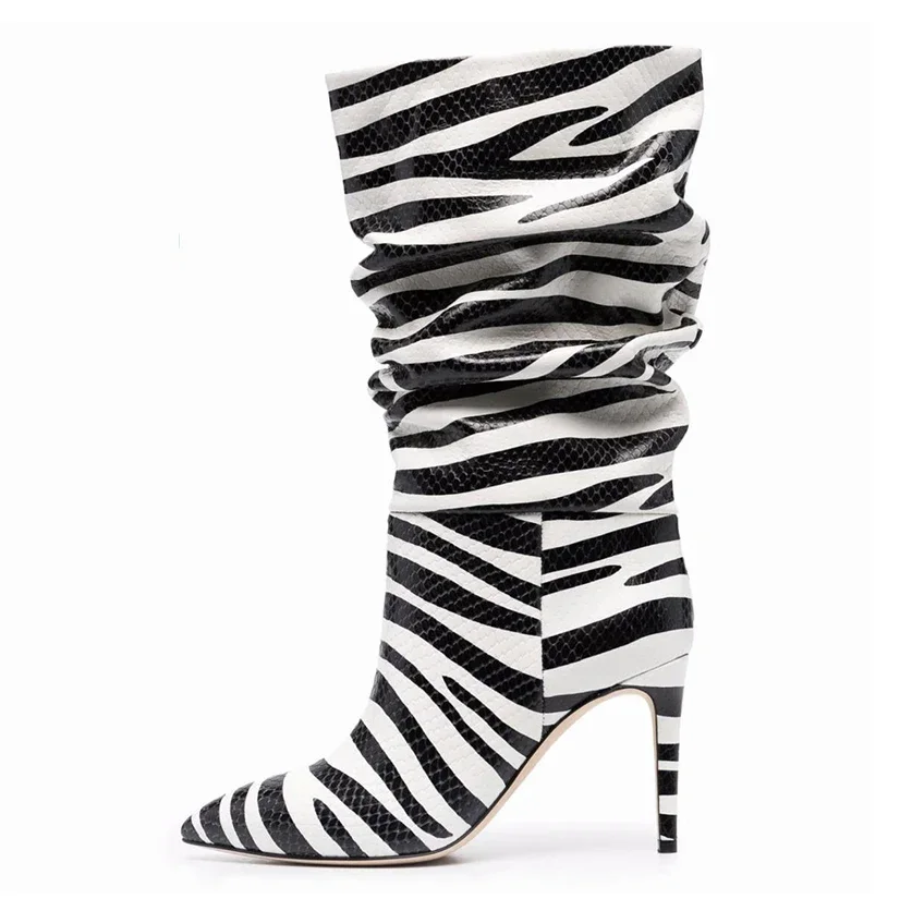

Arden Furtado 2024 Autumn Zebra-stripe Pleated Short Boots Pointed Toe Patchwork Stilettos Heels Leopard Print Modern Boots