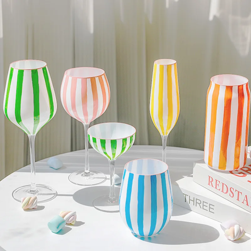 Creative Design Sense Home Crystal Hand-painted Striped Unique Color Wine Glass Set with Multiple Wine Glasses