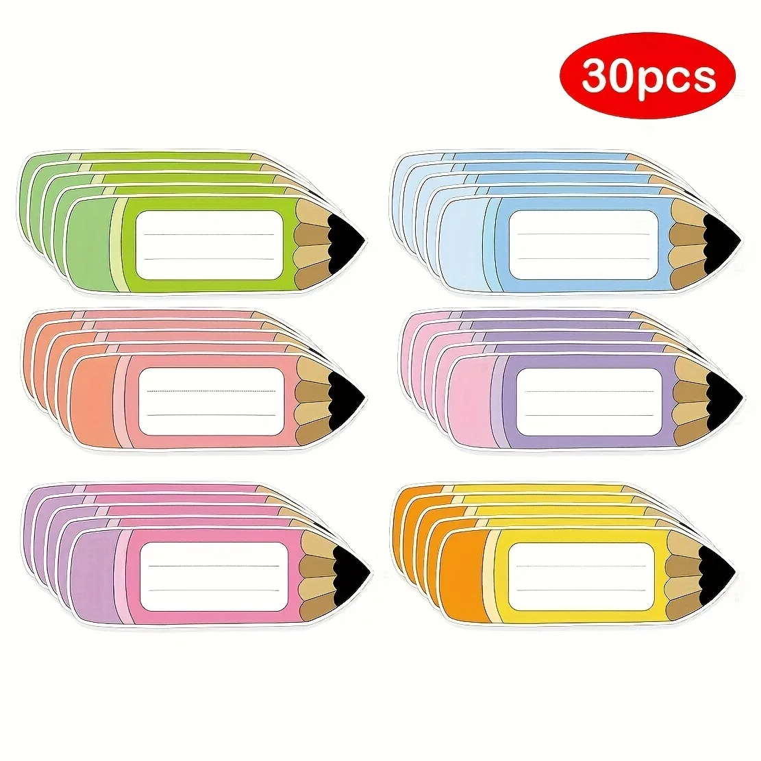 30pcs Pencil Shaped Name Tags Labels, Multicolor Blank Write-on Name Stickers,Cute Name Labels for Classroom, Student Desk, Book