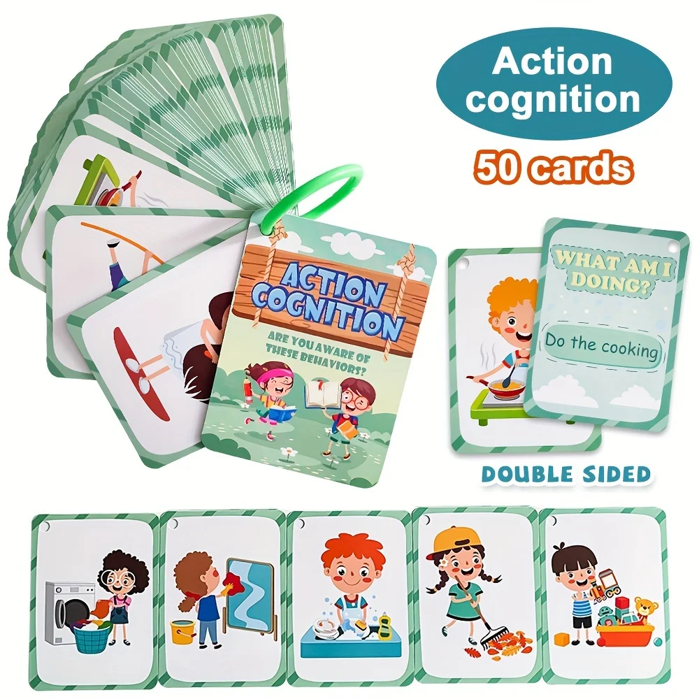 50 Flash Cards Action Verbs Flash Cards Double-Sided Vocabulary Builder with 50 Action Words Thick Durable Cards