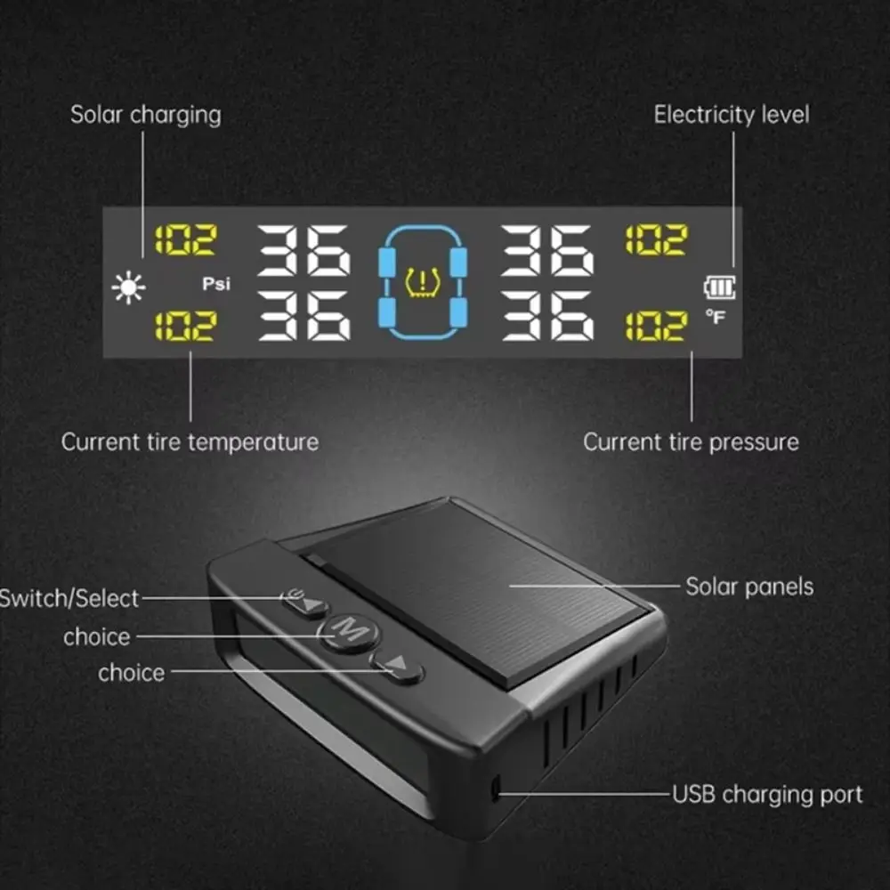 Wireless Car Tire Pressure Monitor Solar/USB Powered Digital Display Tire Pressure Monitoring System with 4 Pressure Sensors