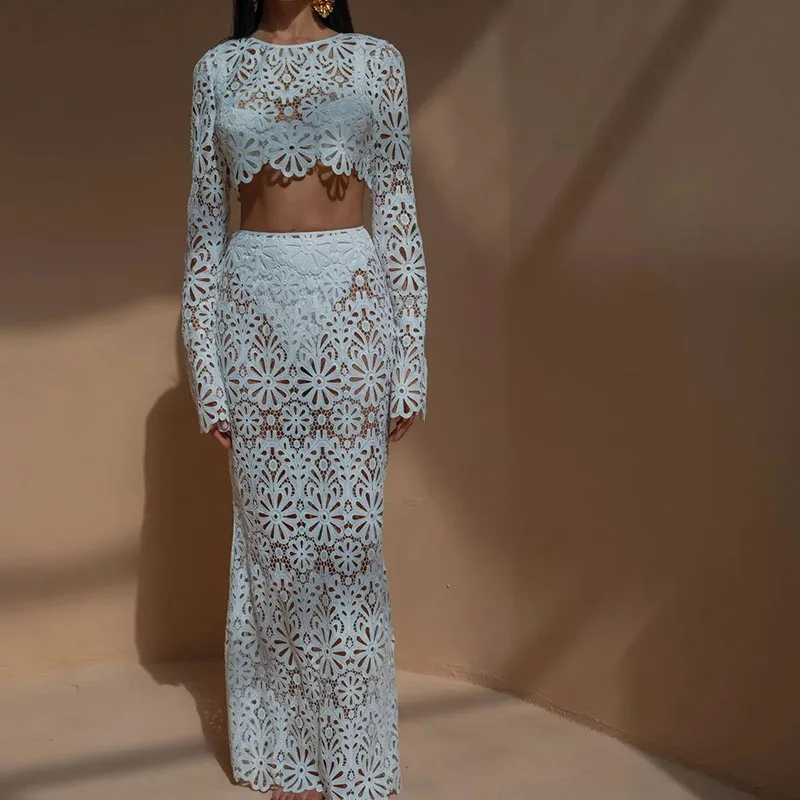 Sexy Embroidery Flower Lace Jacquard Suit Women Spring Long Sleeve Crop Top and Long Skirts Set Summer O Neck Hollow 2pcs Outfit