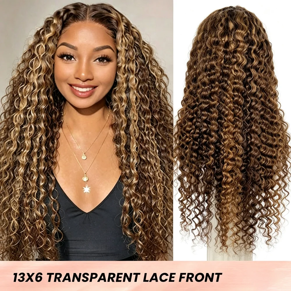 P427 Peluca rubia con reflejos, cabello humano, peluca de encaje HD 13x6, peluca frontal de cabello humano con ondas profundas, peluca frontal de encaje rizada P1B30, peluca larga virgen brasileña para mujer