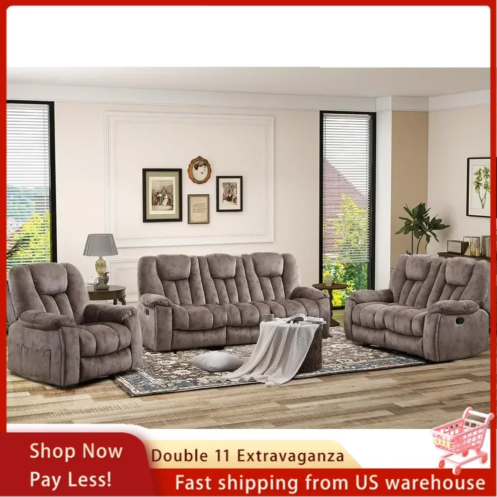 3 Pieces Recliner Sofa Furniture Set,Manual Recliner with Massage and Heat,Recliner Chair and 3 Seat Couch Set for Living Room