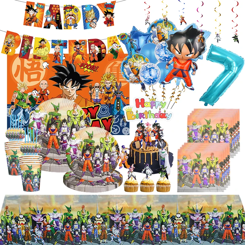 Dragoned Balls Z Birthday Party Decoration Balloon Set Anime Theme Tableware Plate Cake Flag Napkins Cup Party Supplies For Boys