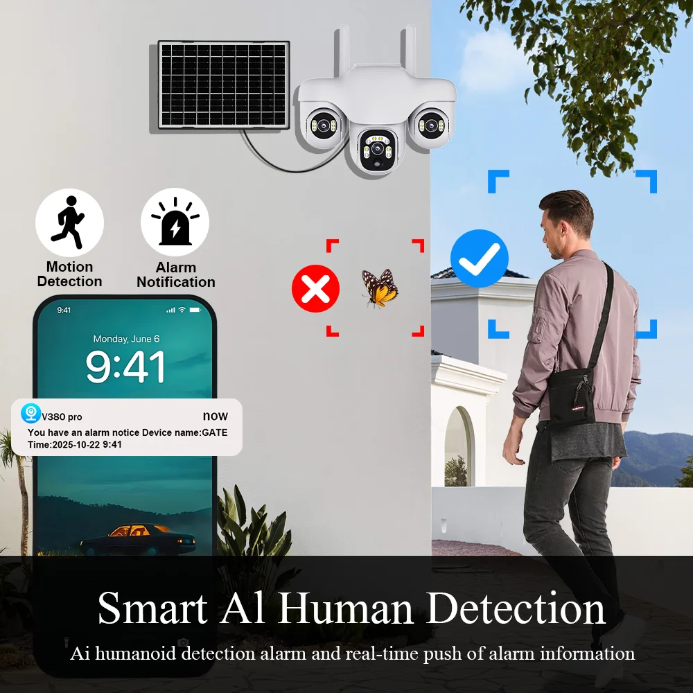 Triple Lens Solar Camera WiFi Outdoor RIP Motion Sensor Waterproof Night Vision Motion Tracking For Home Security Camera