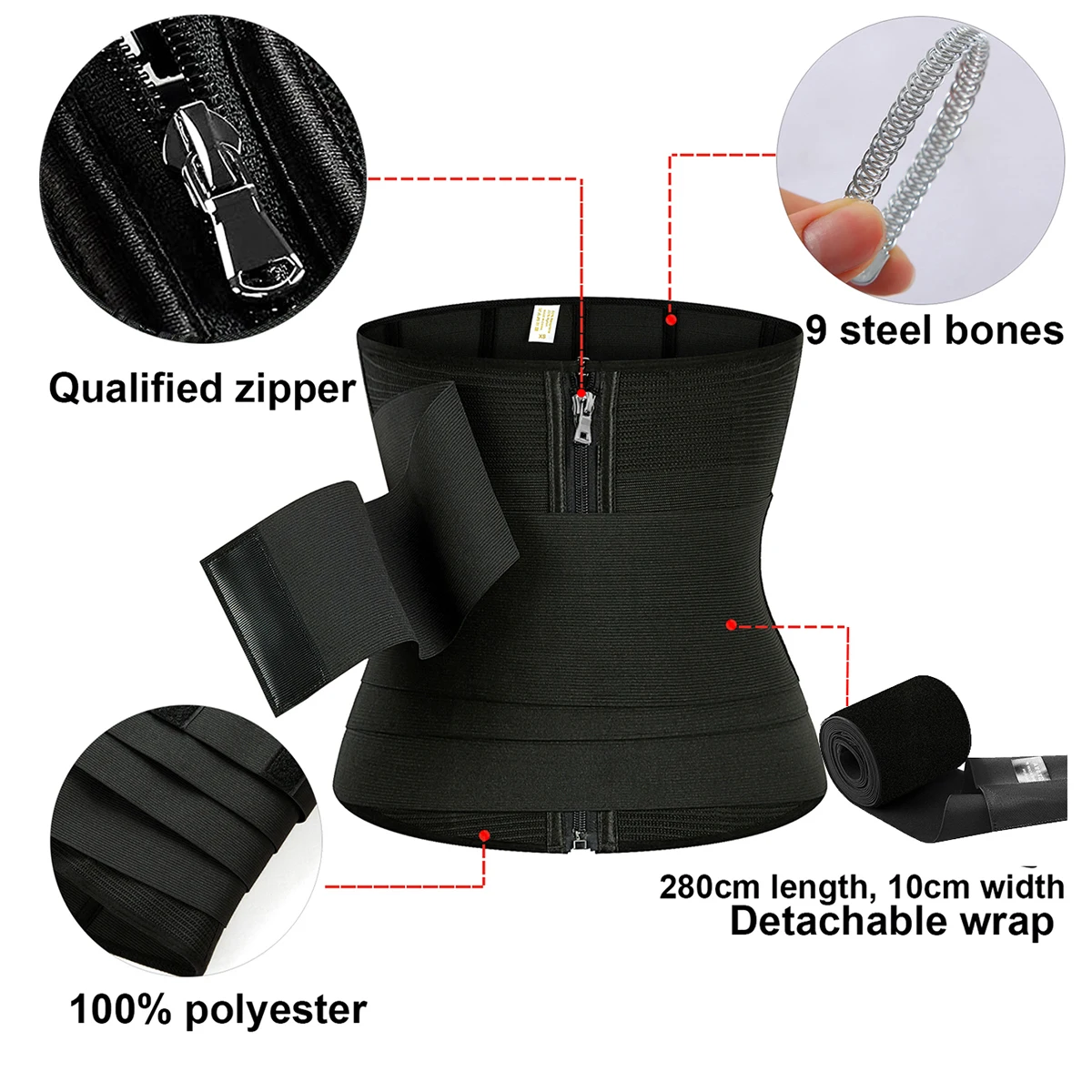 Zipper Waist Trainer Trimmer Corset Women Slimming Sheath Flat Belly Snatch Me Up Bandage Wrap Fitness Girdle Detachable Belt