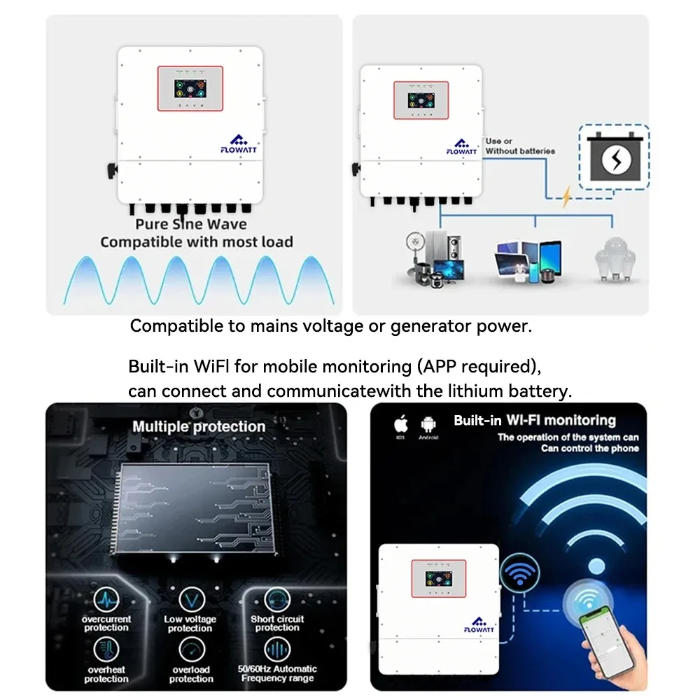 FLOWATT 6KW Hybrid Solar Inverter 48V 230V Off Grid Inverter with 135A Mppt Solar Controller Built-in WIFI