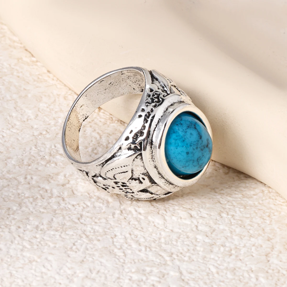 Huaya Vintage Men's Imitation Turquoise Ancient Silver Carving Ring Classic Traditional Personality Ring Jewelry Accessories - Image 5
