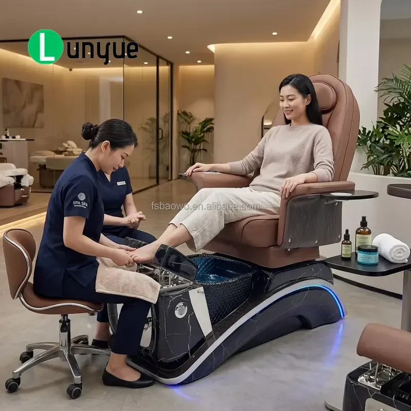 Luxury Anti Acetone Leather Pedicure Chair with Crystal Basin Fiberglass Base Body Massage Spa Equipment for