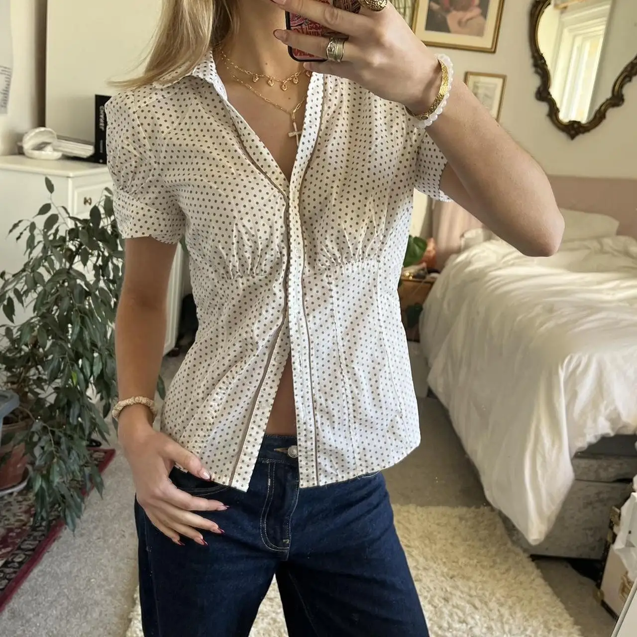 Dourbesty ريترو عادية كم قصير قمصان مربعة النقش للنساء Kawaii زر رفض طوق الصيف Preppy النقاط طباعة تيز القمم