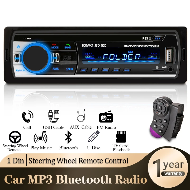 Autoradio Stéréo Numérique, Bluetooth, Lecteur MP3, 60W x 4, FM, Audio, Musique, USB/SD, avec Entrée AUX dans le Tableau de Bord, 1 Din