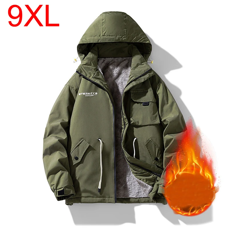 Large size jacket men\'s autumn Winter multi-pocket loose workwear jacket hooded youth trendy tops mens clothes 8XL 9XL 150KG